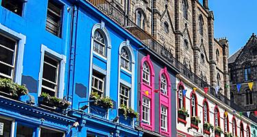 Colorful buildings lining Victoria Street in Edinburgh, Scotland