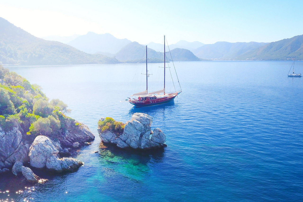 Top view of gulet wooden yacht in Marmaris Mugla Turkey at Aegean Sea Turkey