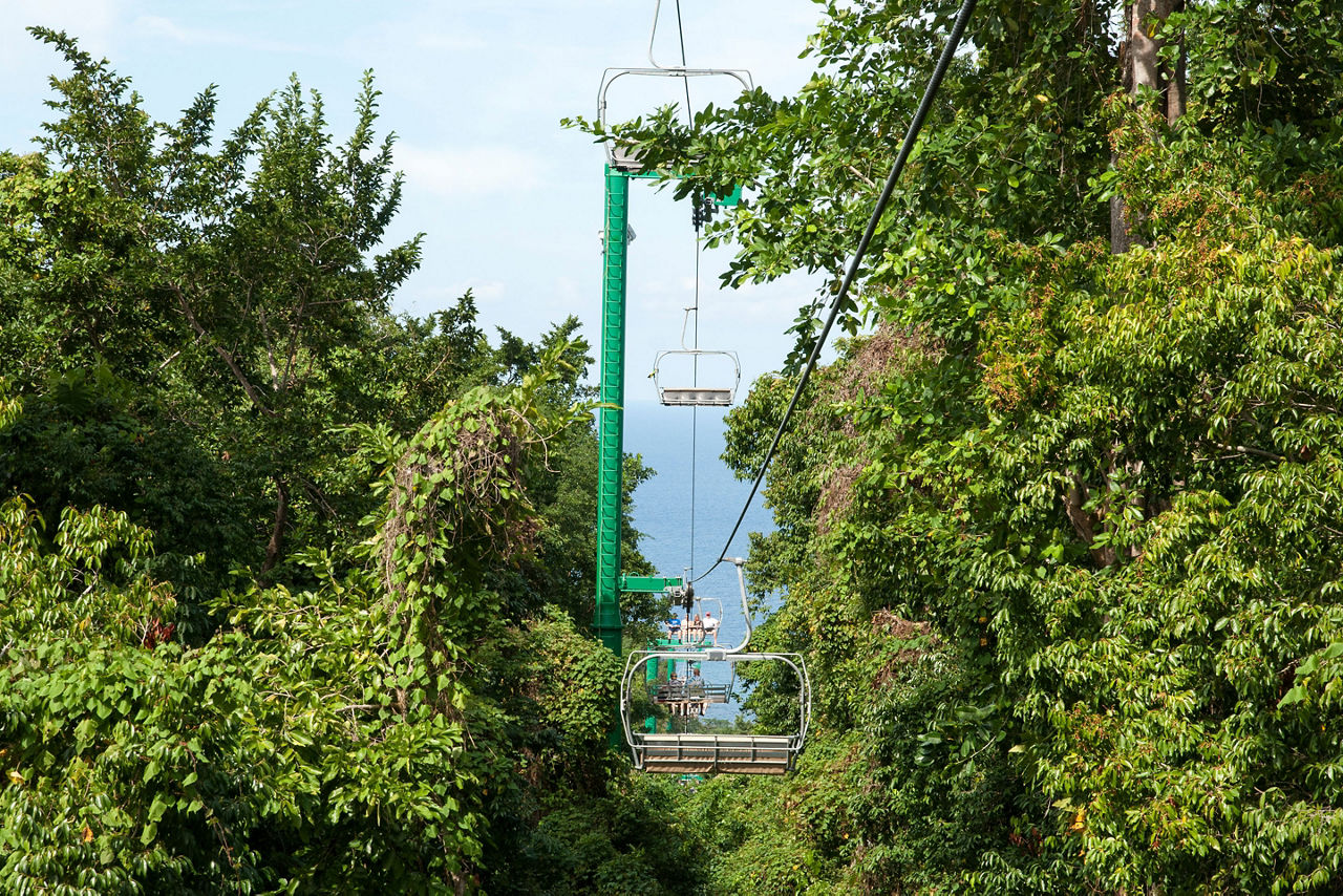The view of a cable transporting tourists from Ocho Rios downtown to the top of Mystic Mountain Jamaica