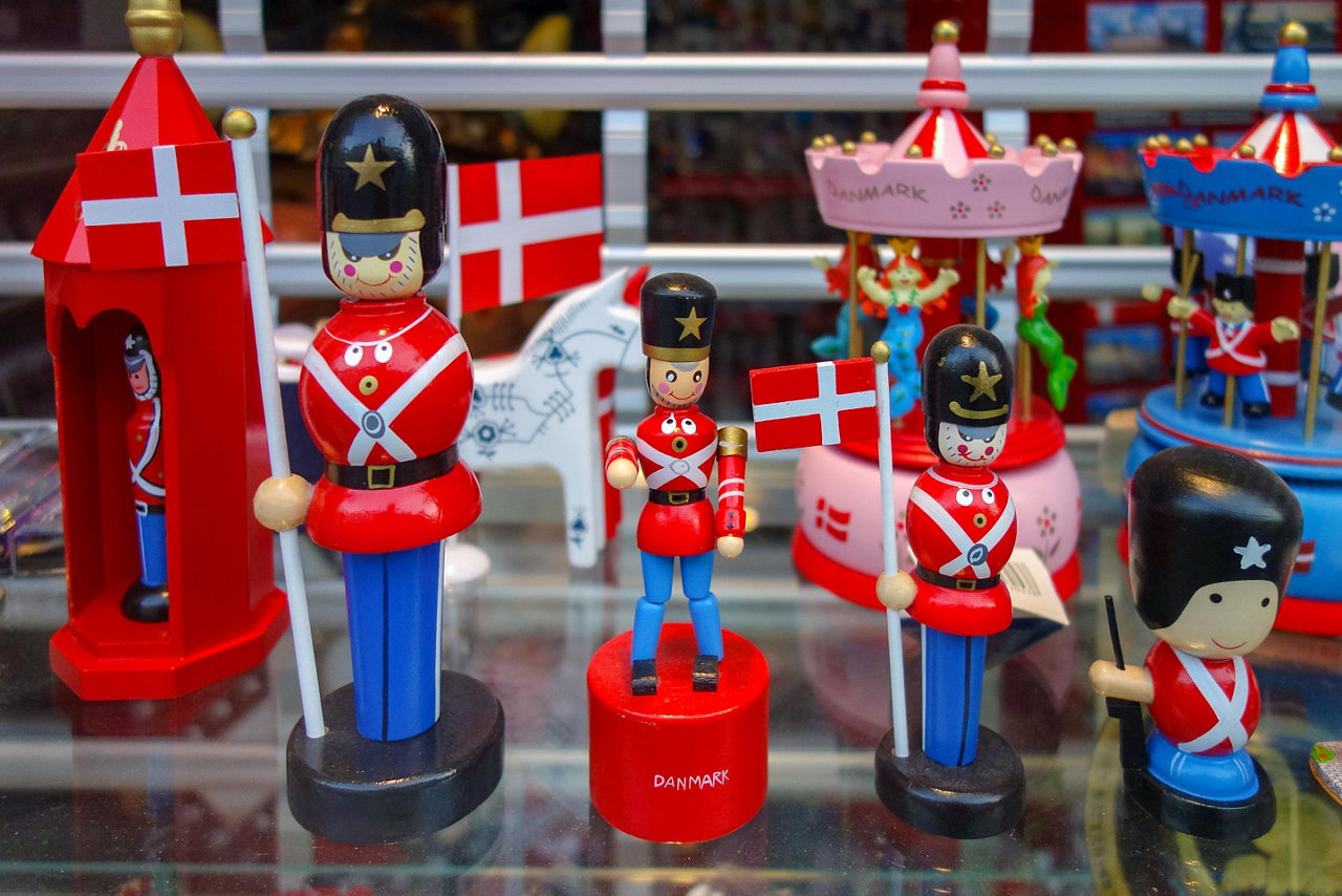 Fun, colorful toy soldier figurines on display at a souvenir shop in Denmark