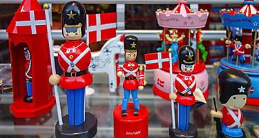 Fun, colorful toy soldier figurines on display at a souvenir shop in Denmark