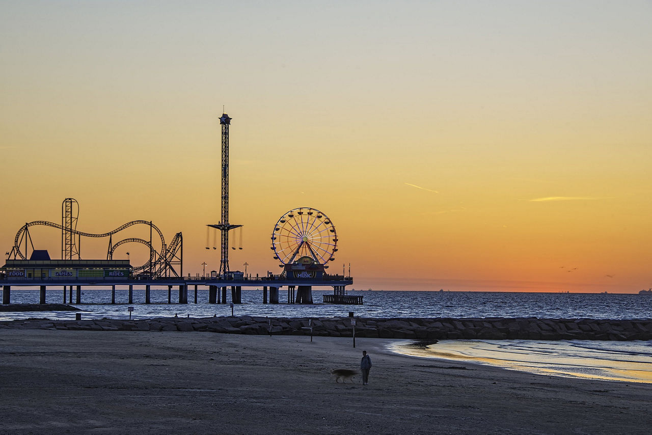 Sunset View of Pleasure Pier Amusement Park, Galveston, Texas