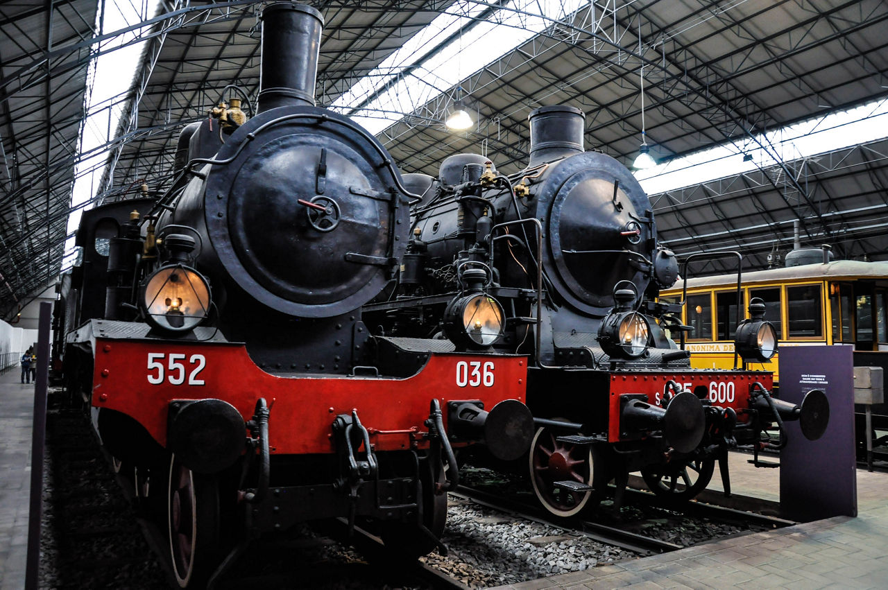 Old-fashioned trains close-up side by side.