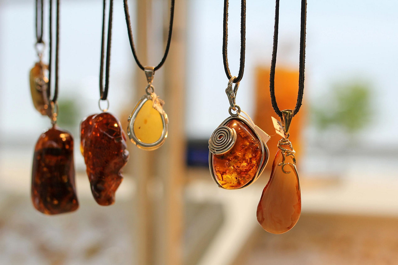 Various necklaces made with Amber in Gdansk, Poland