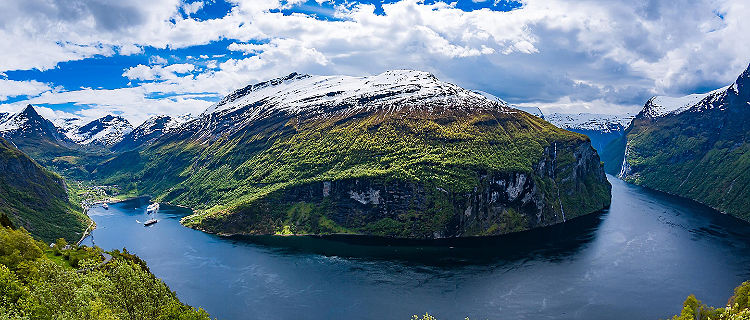 A snowcapped fjord in Geiranger, Norway