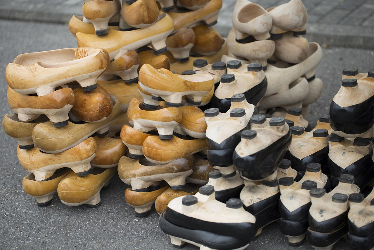 Assorted madrenas, a traditional wooden sandal in Gijon, Spain