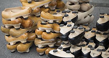 Assorted madrenas, a traditional wooden sandal in Gijon, Spain