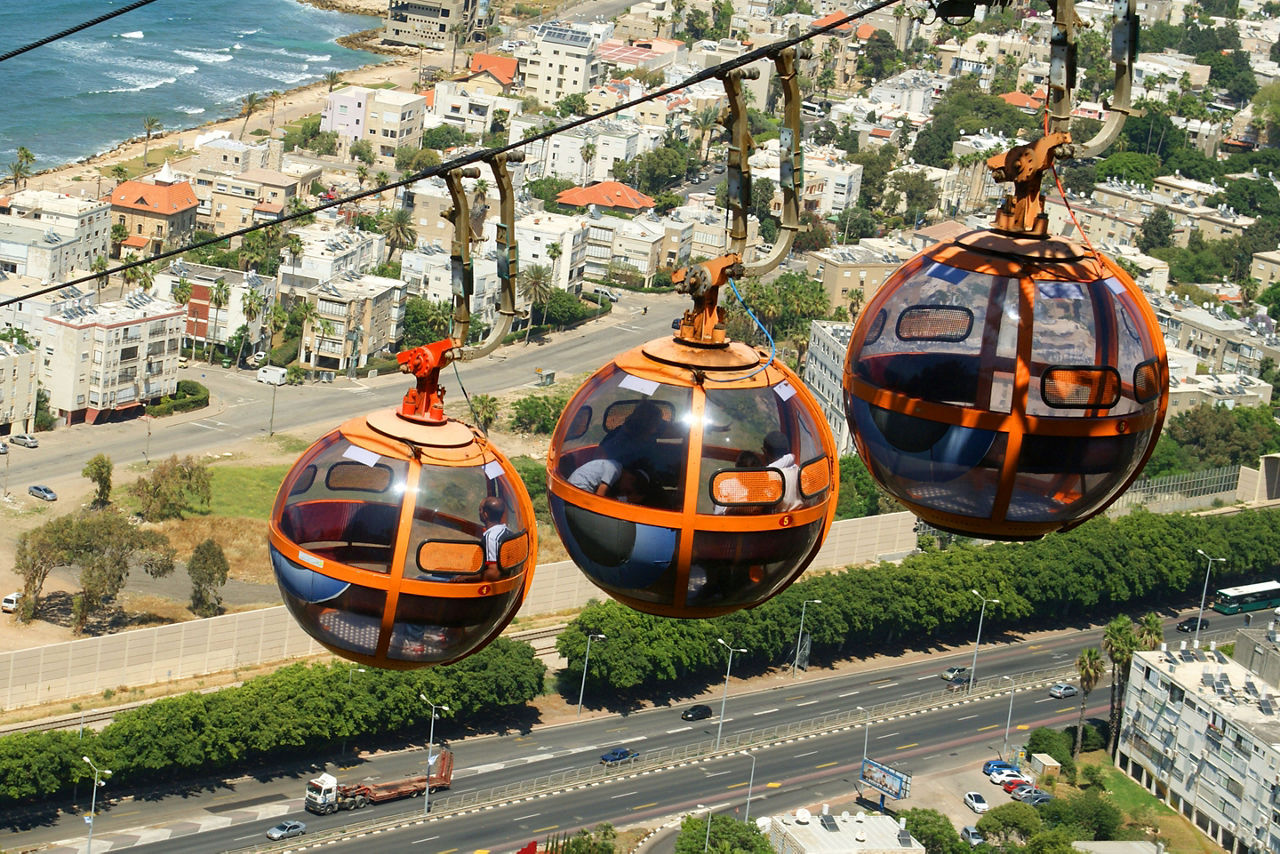 Three cable cars in Haifa, Israel