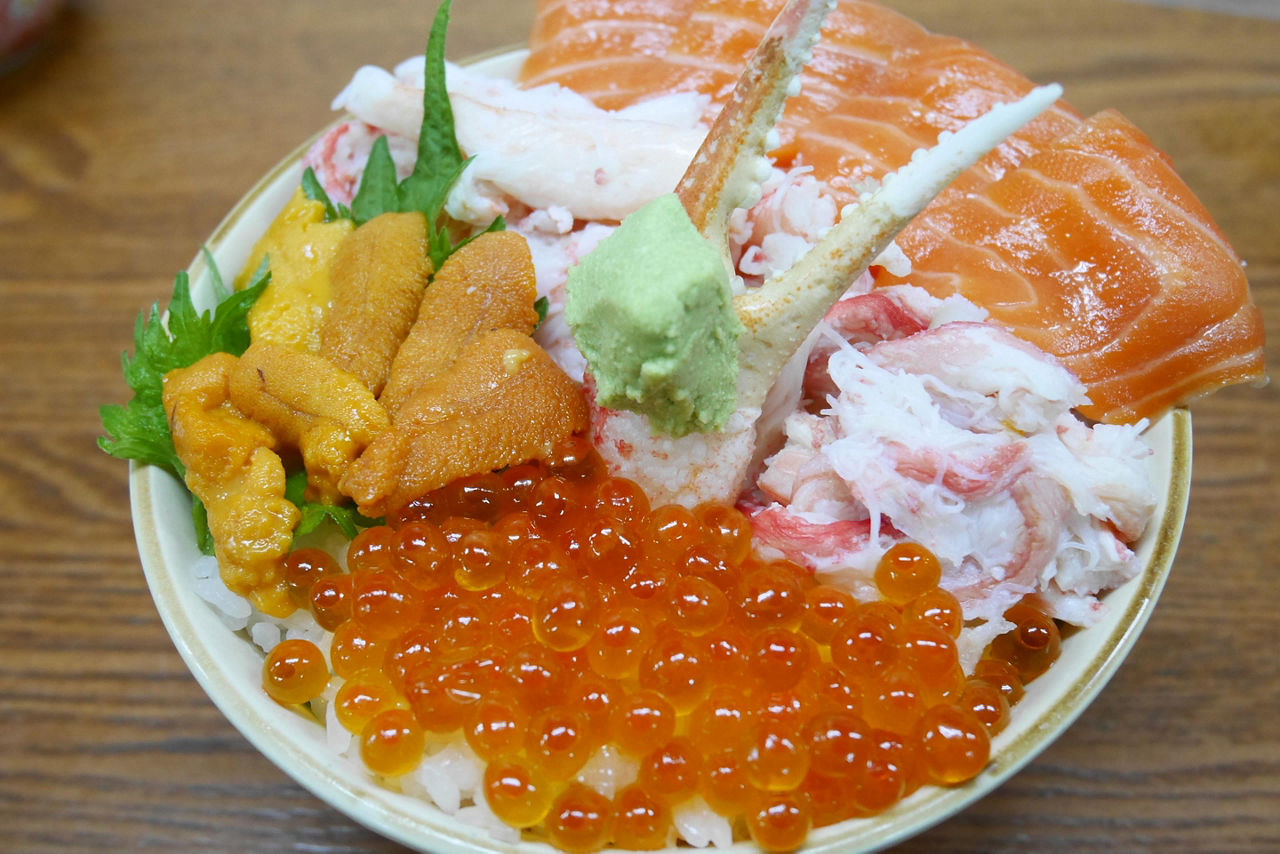 Kaisendon, seafood bowl of crab, tobiko caviar, tuna, and more, in Hakodate, Japan