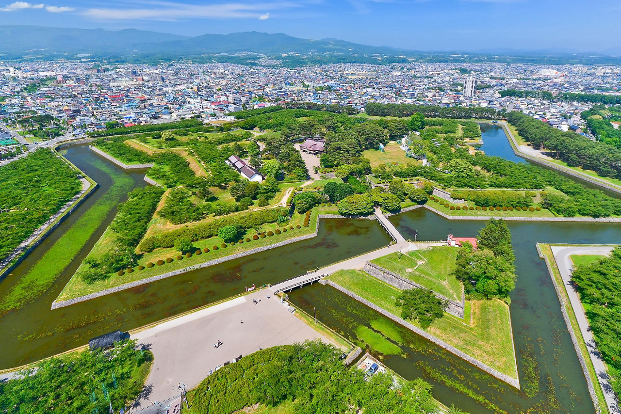 Aerial view of Goryokaku Park, a star shaped fort in Hakodate, Japan