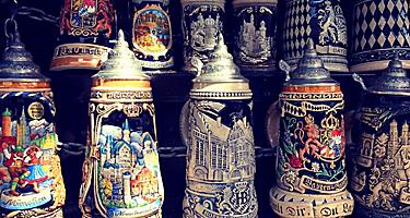 An assortment of souvenir beer steins in Germany