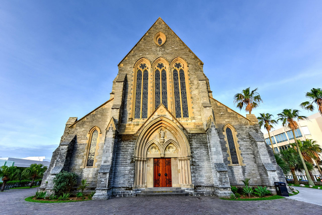 Front view of the Cathedral of the Most Holy Trinity, also known as the Bermuda Cathedral, an Anglical cathedral on Church Street in Hamilton, Bermuda