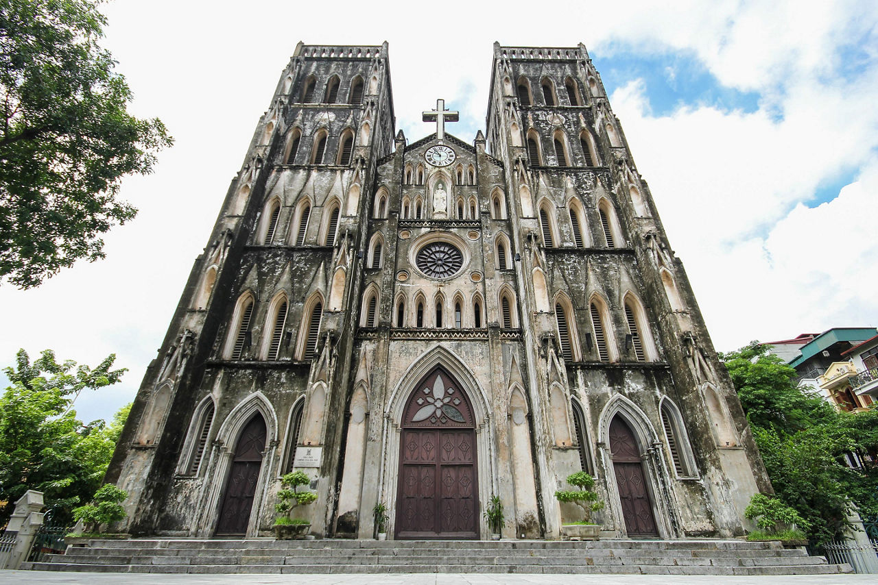 Front view of St. Joseph's Cathedral in Hanoi, Vietnam