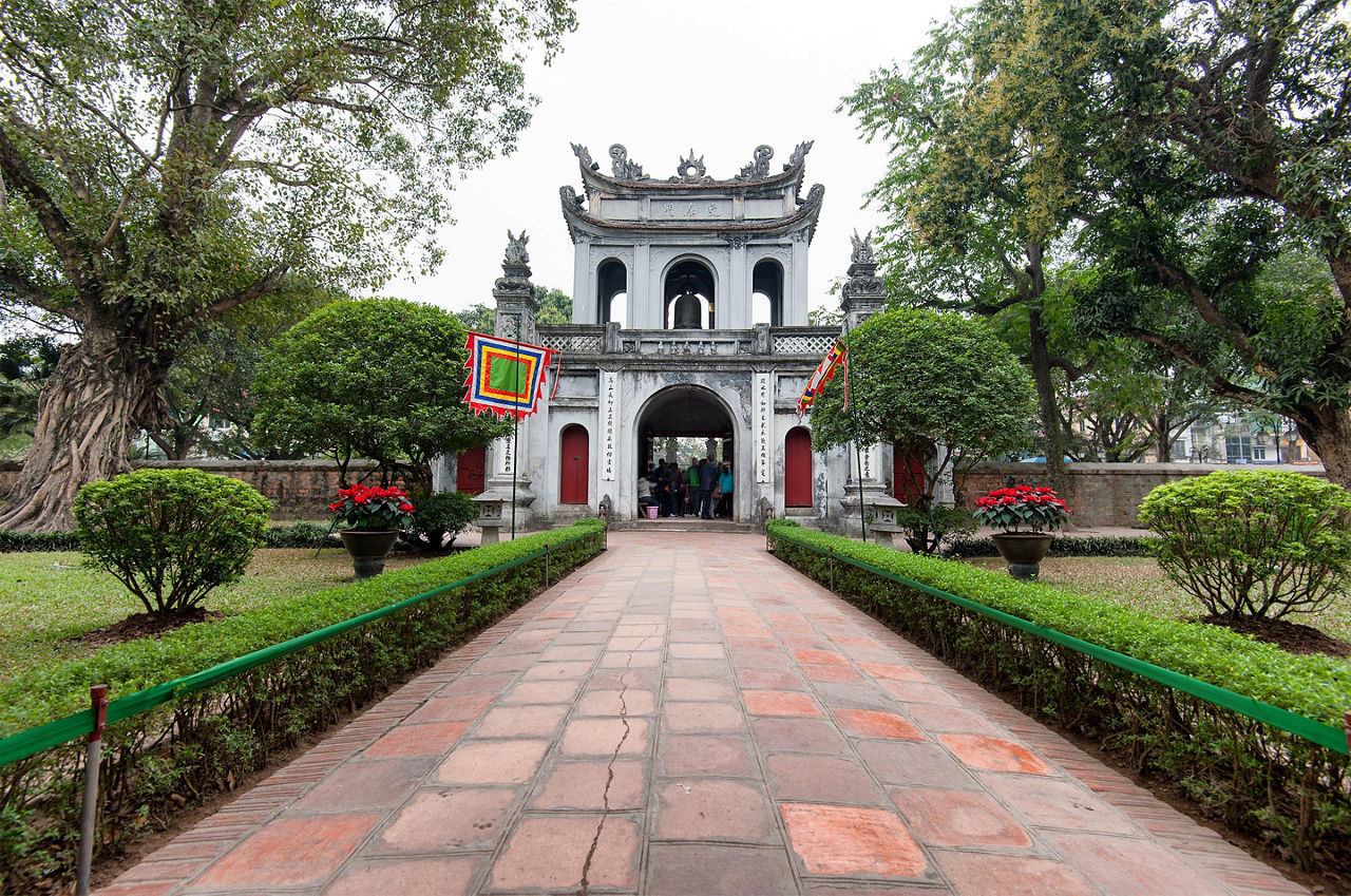 The garden and entrance gate to the Temple of Literature in Hanoi, Vietnam