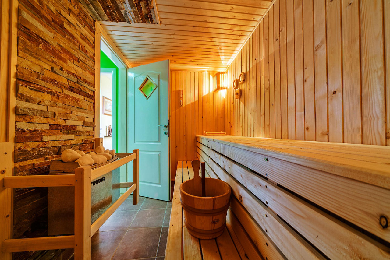 The interior of a wooden sauna