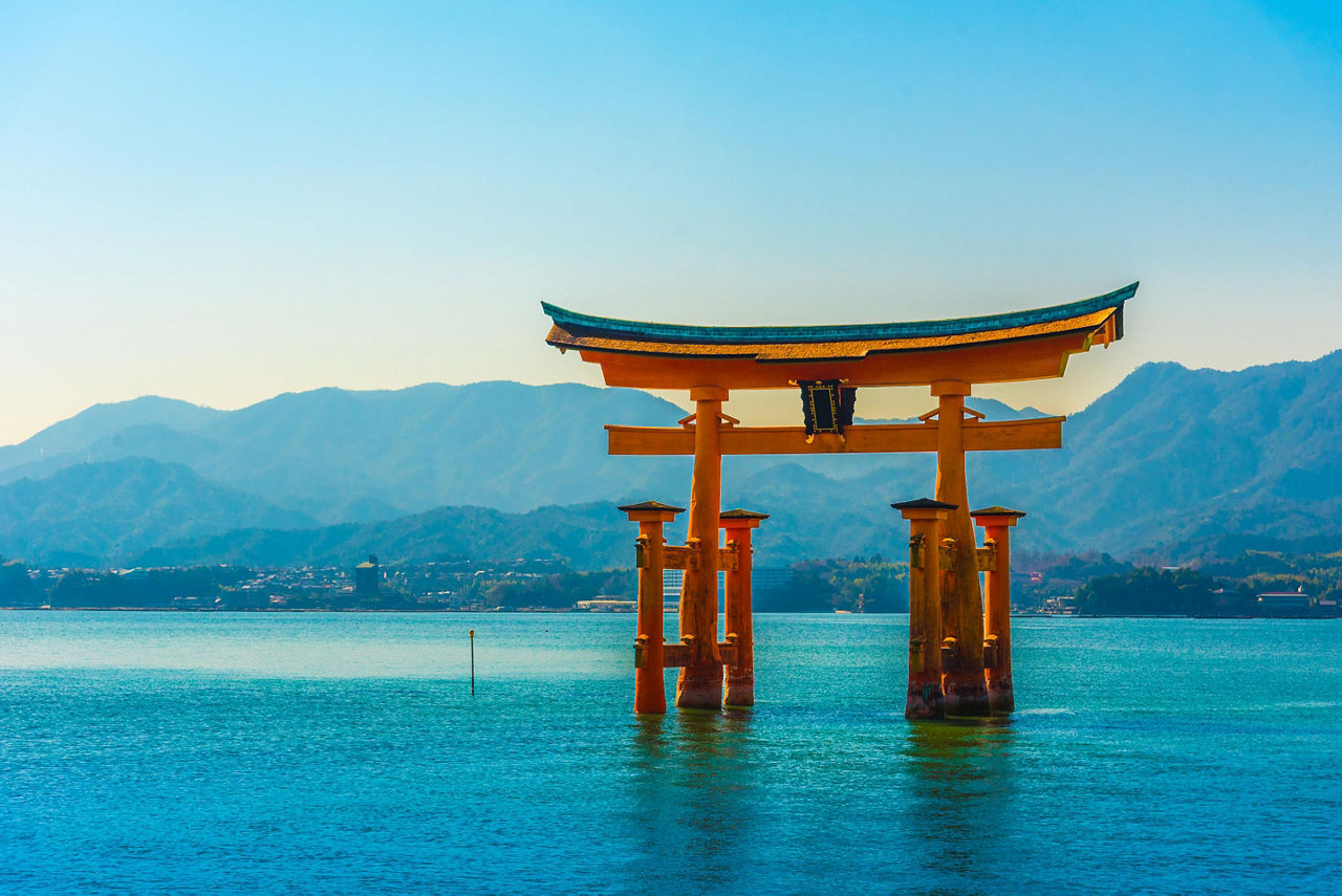 Tori gate of Itsukushima Shrine on Miyajima Island, Hiroshima, Japan