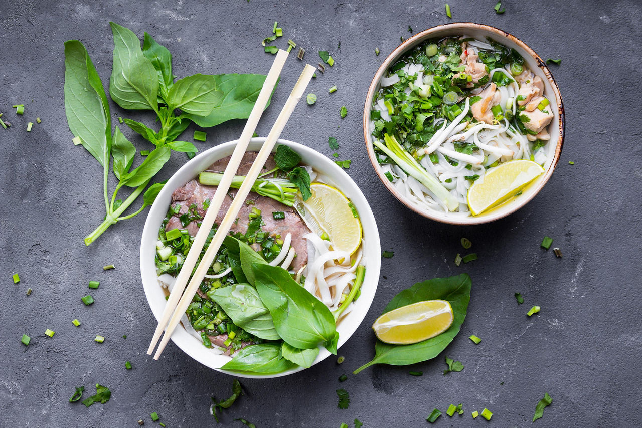 Traditional vietnamese noodle soups pho in bowls