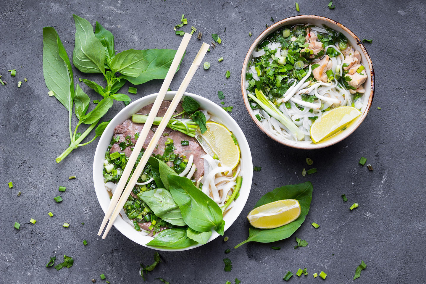Traditional vietnamese noodle soups pho in bowls.