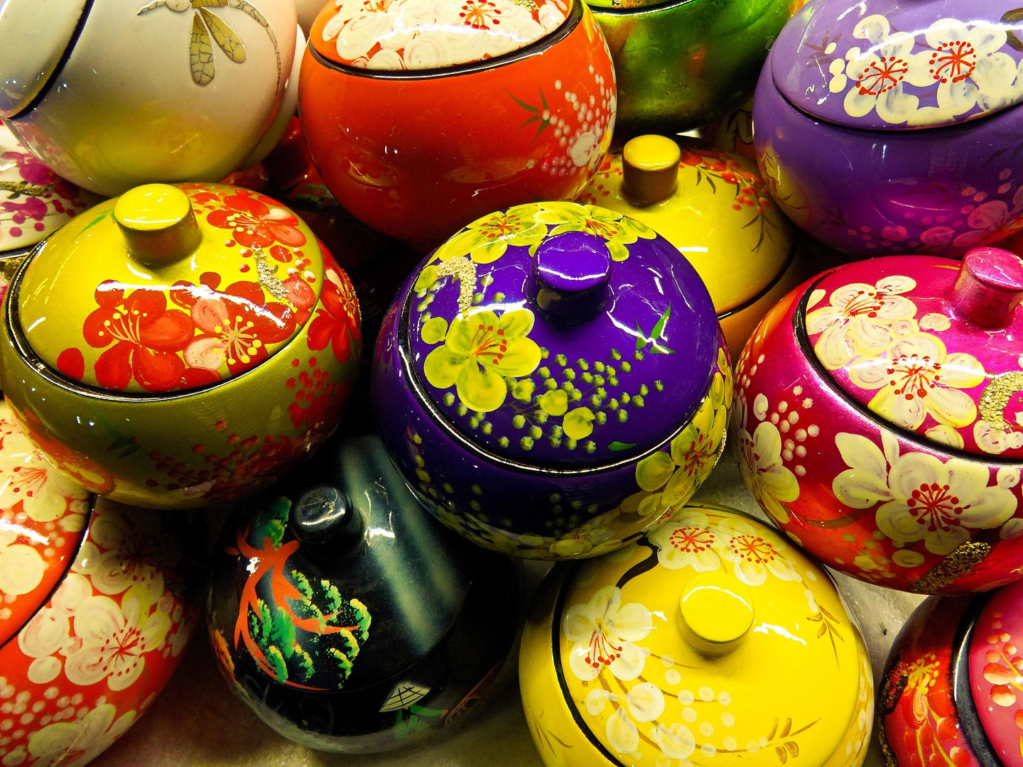 Colorful lacquer bowls in Vietnam.