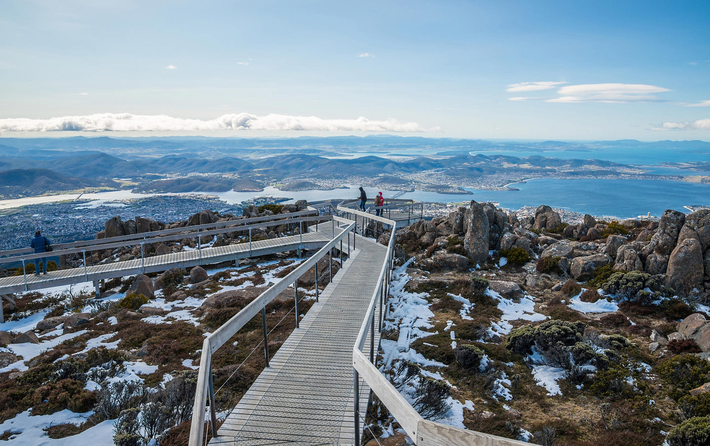A boardwalk through an icy grassy landscape on Mount Wellington. - Hobart, Tasmania
