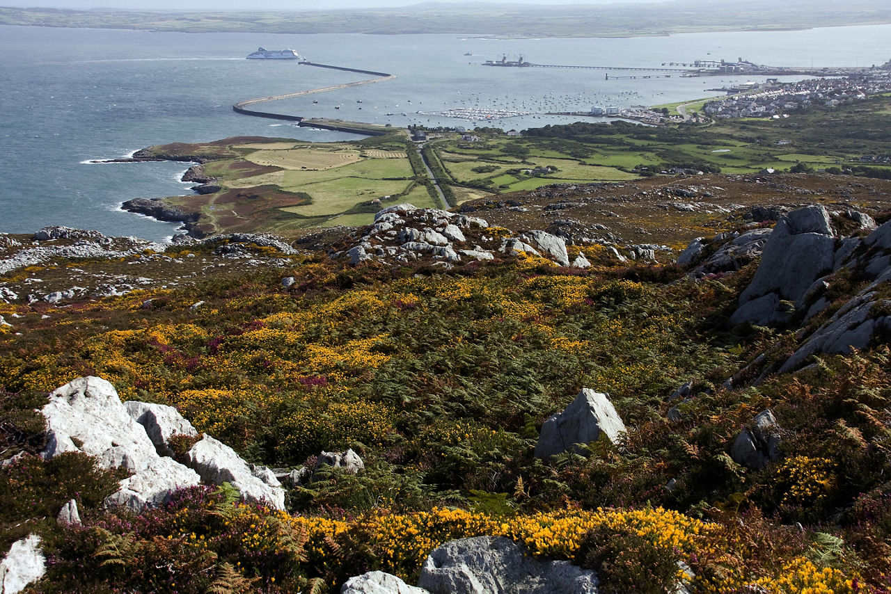 The view of Holyhead and the harbor from the top of Holyhead mountain