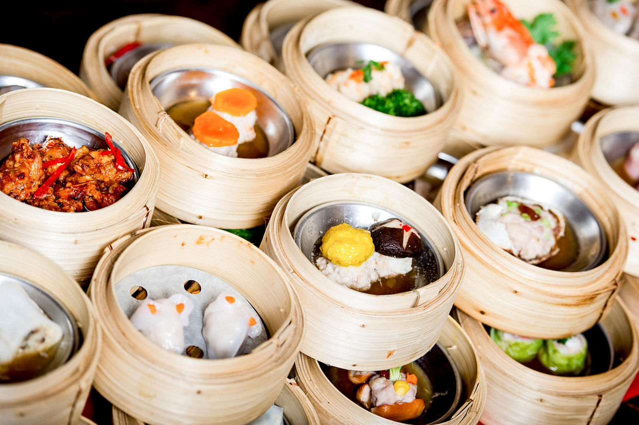 Delicious array of dim sum in bamboo steamers in Hong Kong, China