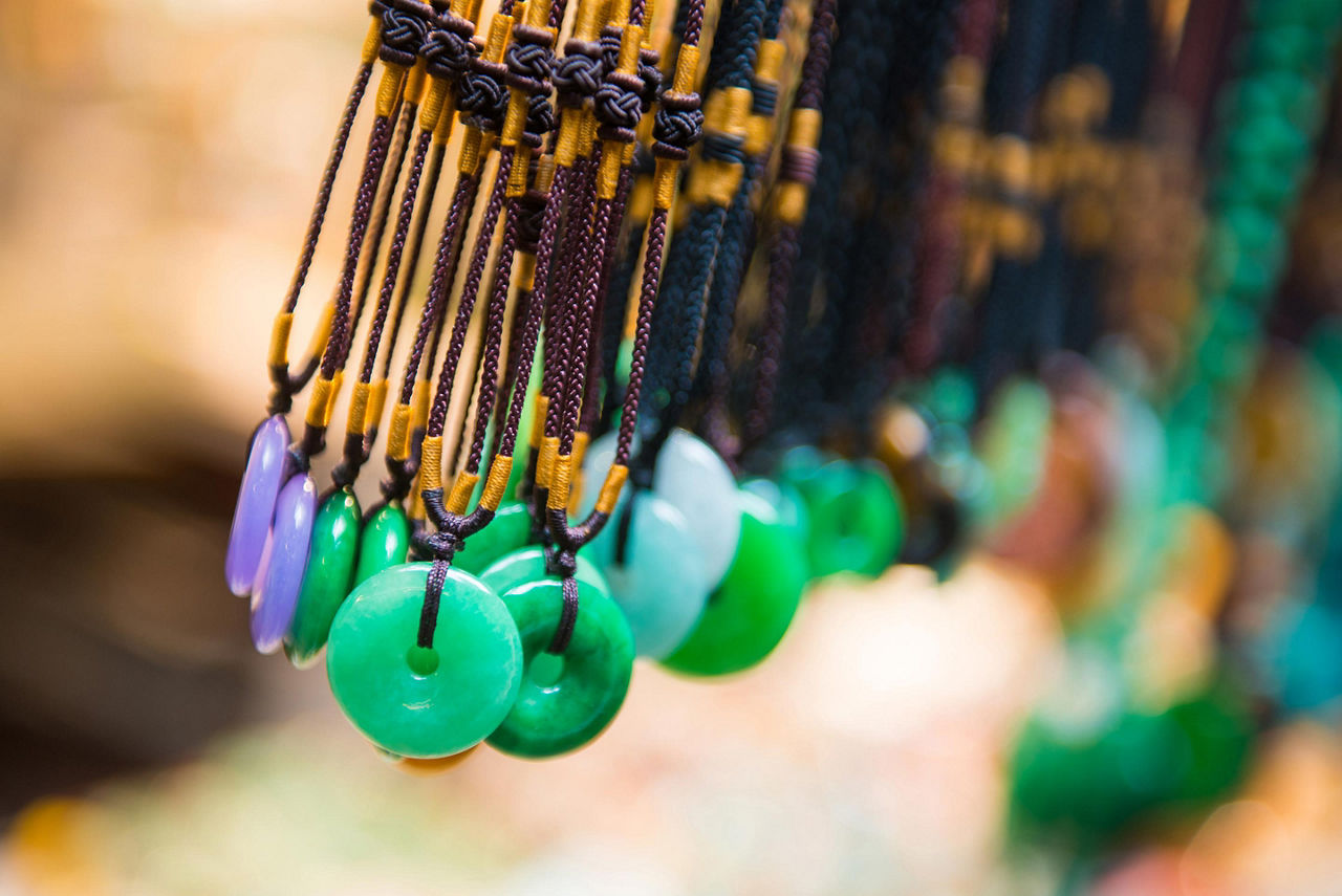 Traditional Jade necklaces sold in markets while souvenir shopping in Hong Kong, China