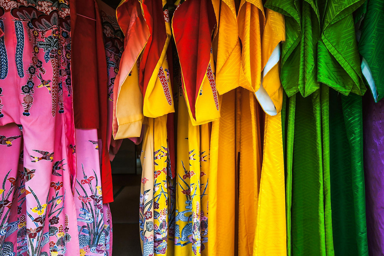 Colorful traditional ryukyu clothing for sale in Ishigaki, Japan