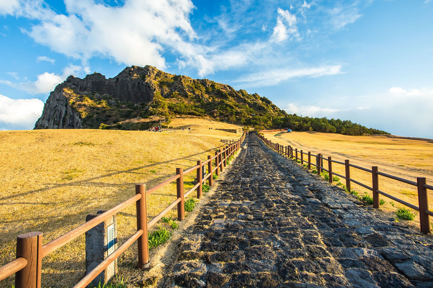 A stone path leads toward Seongsan Ilchulbong, surrounded by green fields and coastal views. - Jeju, South Korea