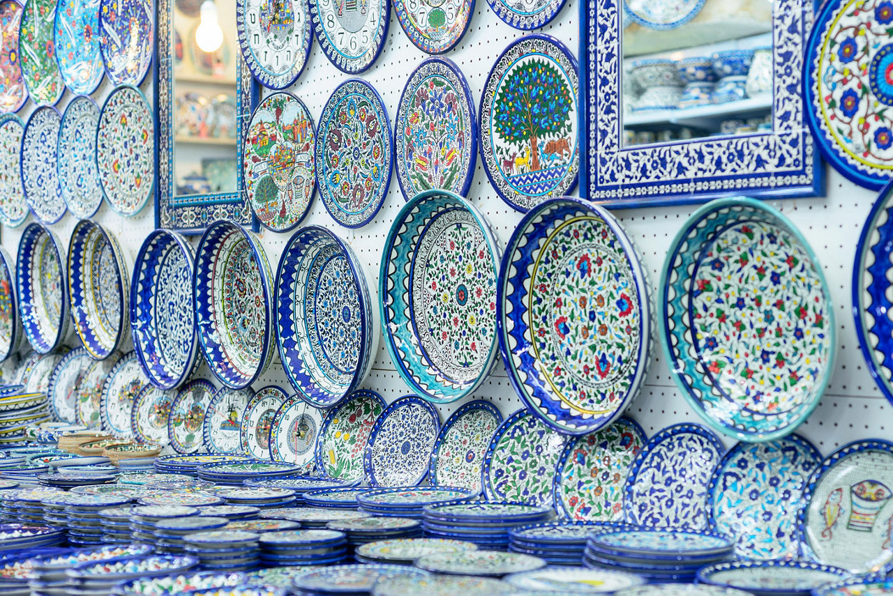 Blue painted ceramic plates sold at souvenir shops at Arab bazaar in Jerusalem