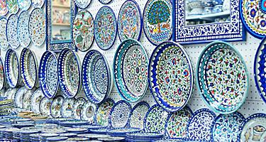 Blue painted ceramic plates sold at souvenir shops at Arab bazaar in Jerusalem