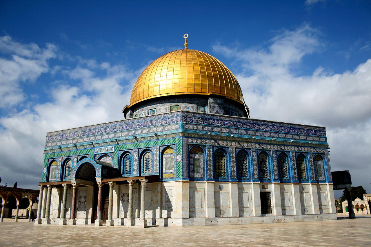 The Dome of the Rock Mosque with a golden dome and mosaic tiles in Jerusalem, Israel 