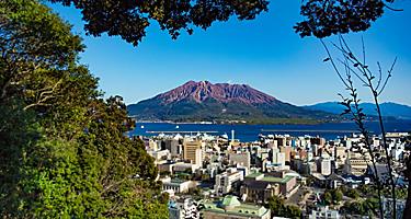 Shiroyama historic lookout overlooking the volcano in Kagoshima, Japan