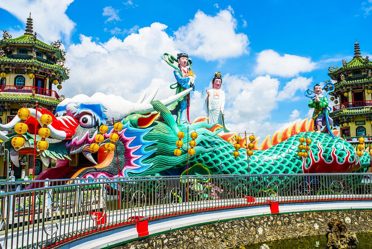A colorful dragon with two pagodas known as the Dragon Towers in Kaohsiung, Taiwan