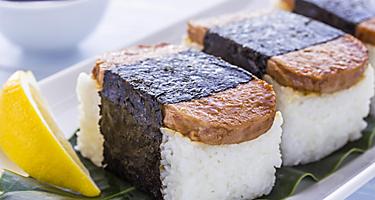 Common Hawaiian food is rice with spam on top wrapped with nori
