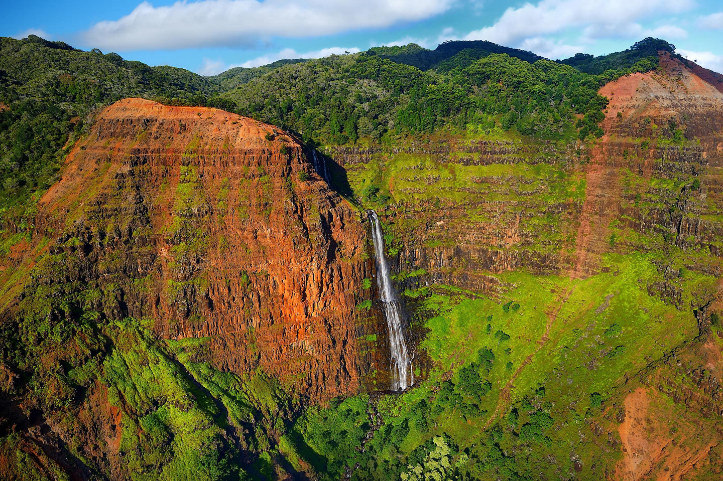 An aerial view of Kaua'i’s canyon reveals rugged red cliffs, green ridges, and deep valleys. - Kaua'i, Hawaii
