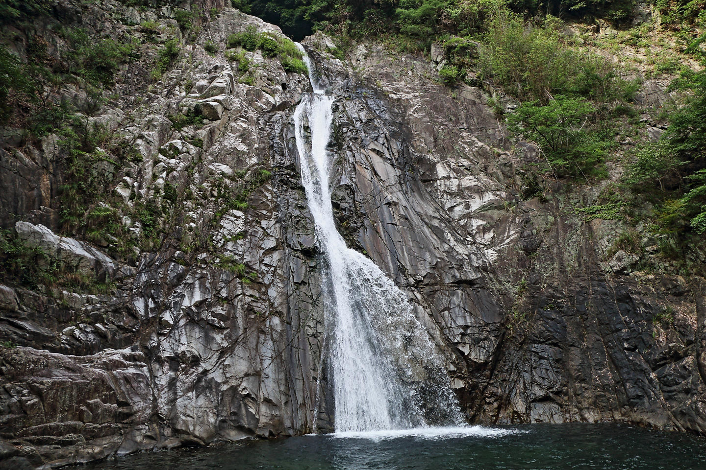Nunobiki Falls cascades through a lush forest, flowing over rocks into a clear, shaded pool. - Kobe, Japan