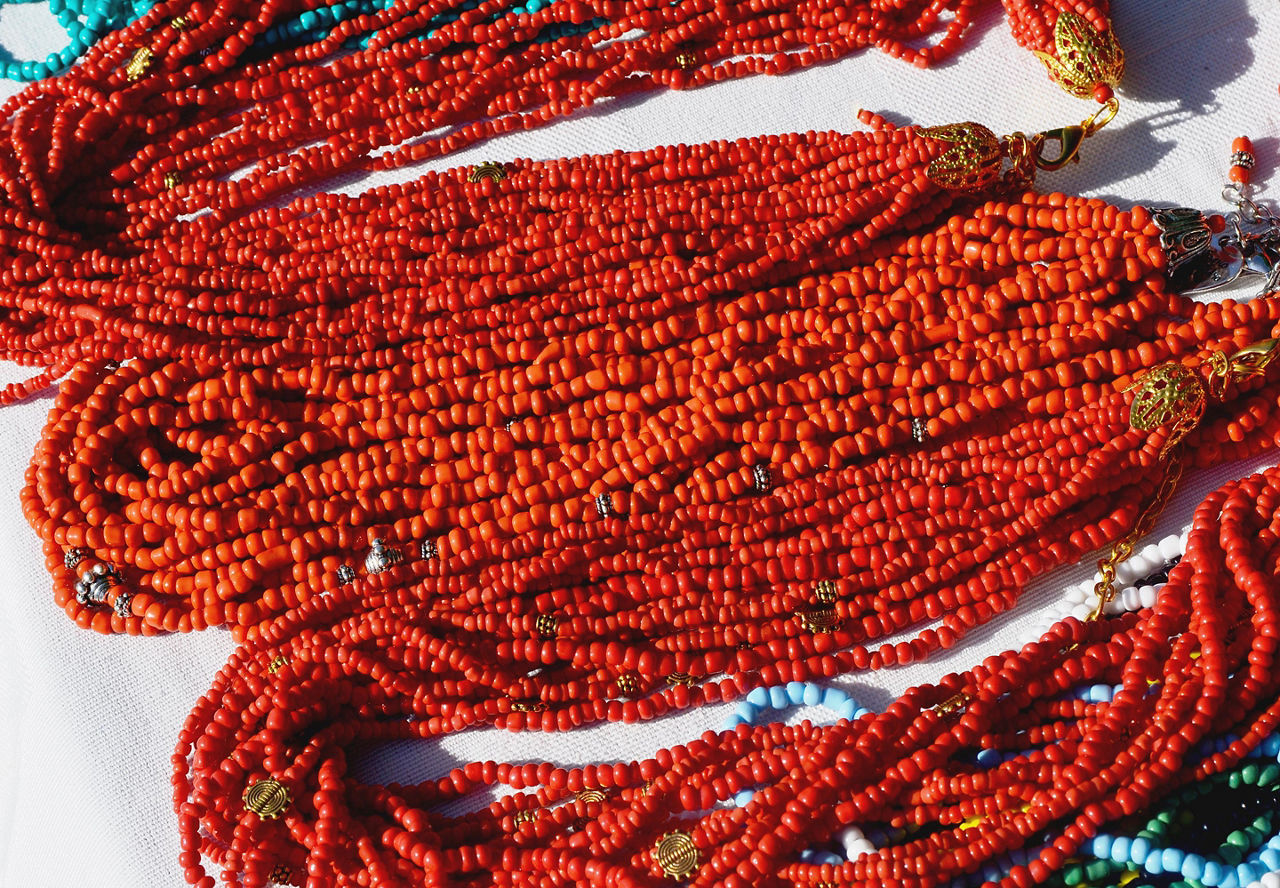 Various necklaces made out of red coral is typical jewelry of Kochi, Japan