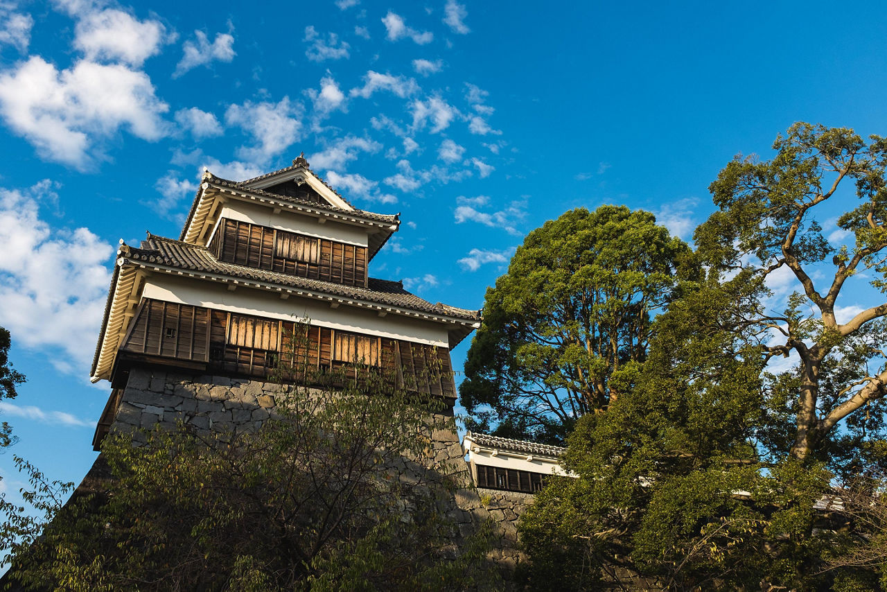 View from below of the castle in Kumamoto, Japan