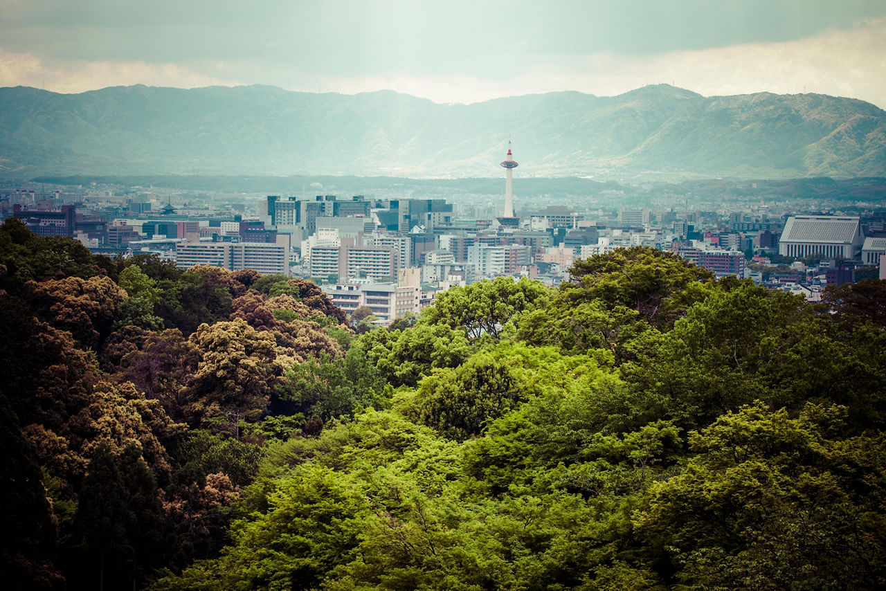 A mountain view of Kyoto's cityscape