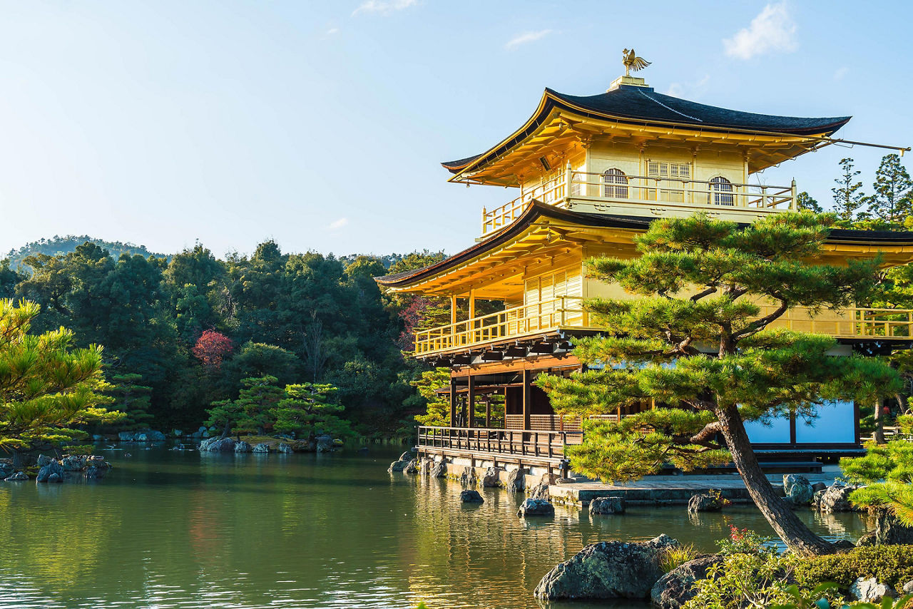 The Kinkakuji Temple, also called the Golden Pavilion for its yellow-colored walls atop a pond in Kyoto, Japan
