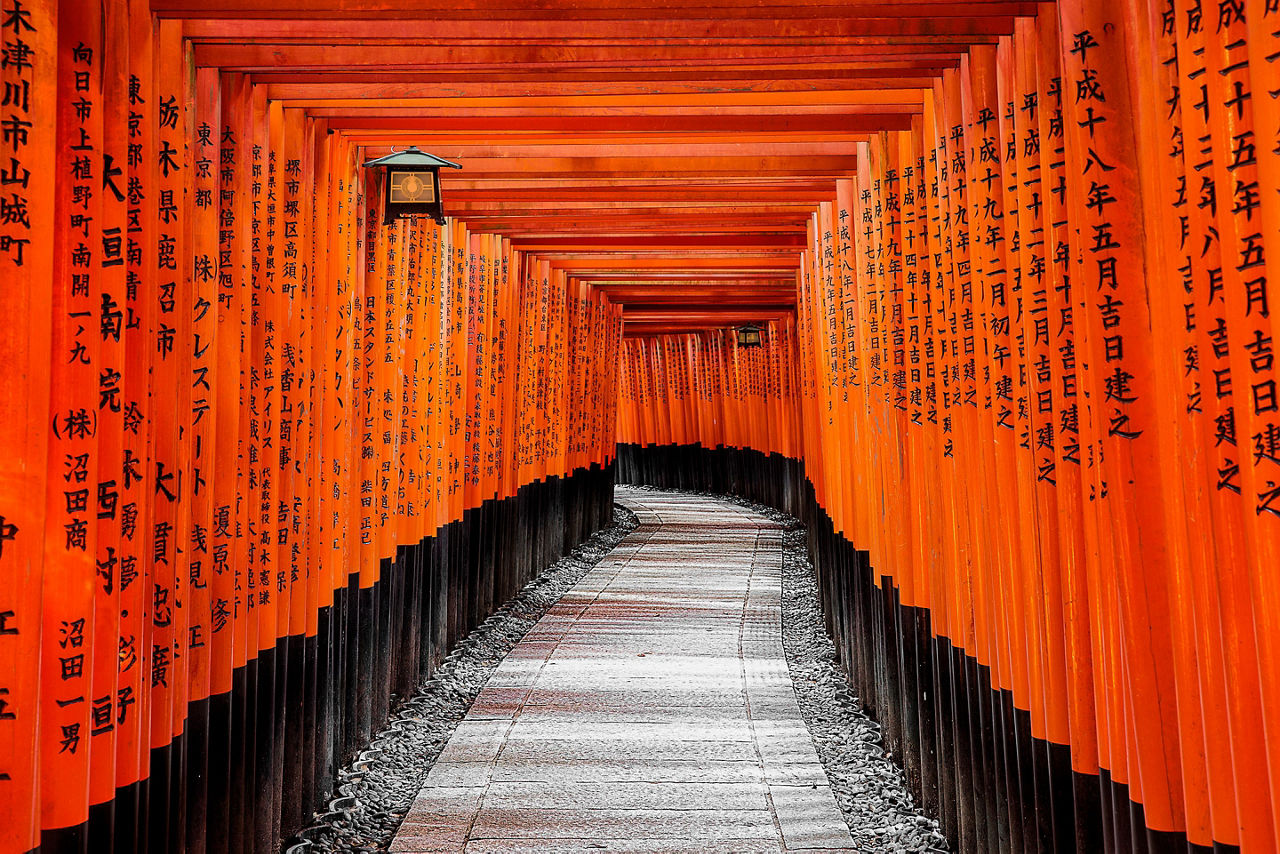 The red Tori Gates pathway with tall red columns with Japanese letters written in black in Kyoto, Japan