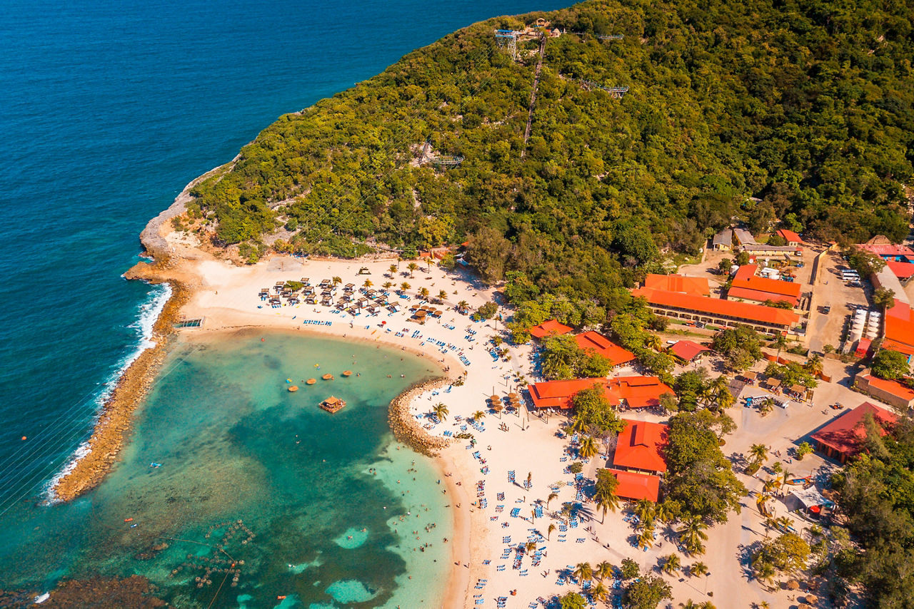 Aerial view of Labadee beach, Haiti. The Caribbean. Caption: Catch a bird's eye view of some of Labadee's beautiful beaches.