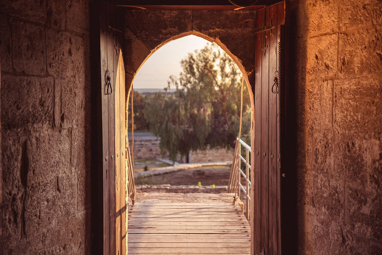 Open gate at medieval Kolossi castle in Limassol, Cyrprus
