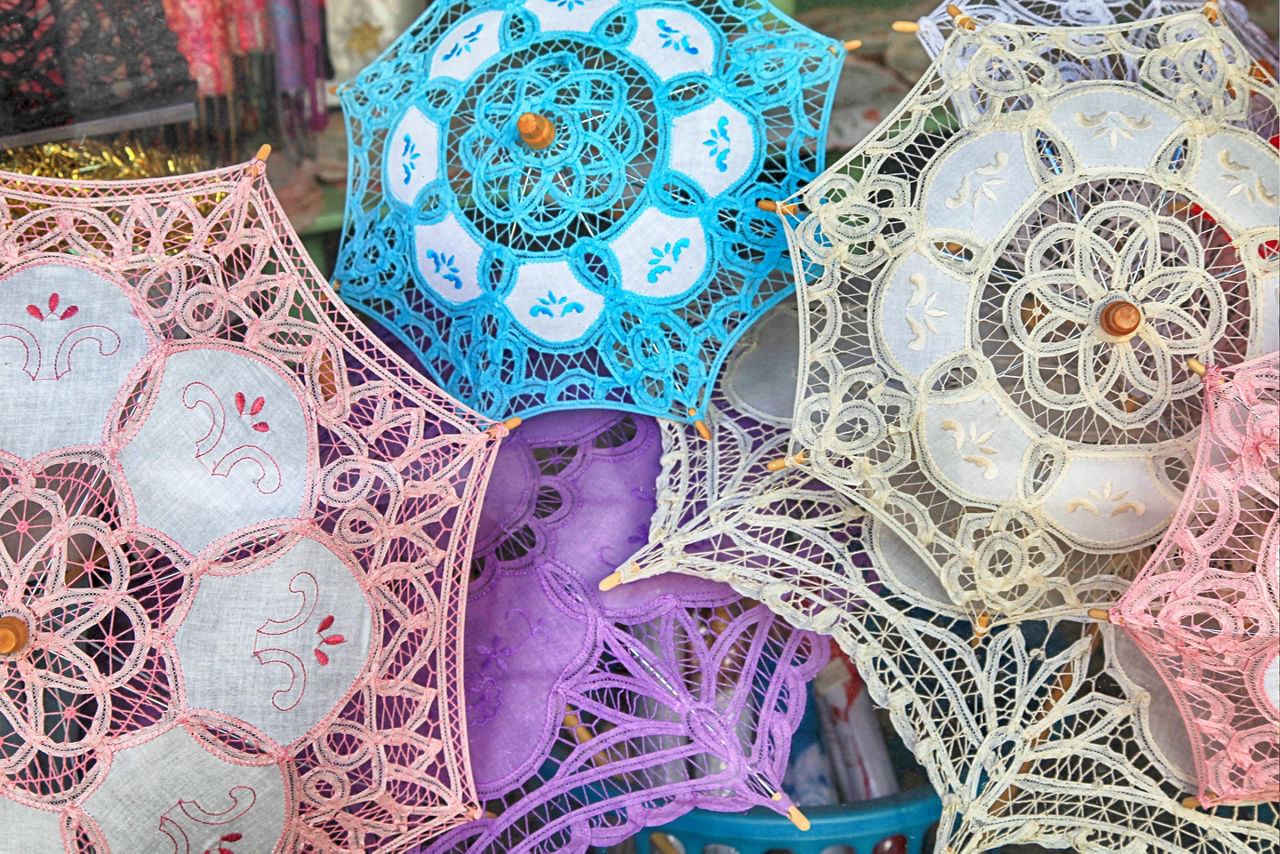 Limassol, Cyprus Traditional Handmade Lace Parasols in local souvenir shop in Limassol, Cyprus