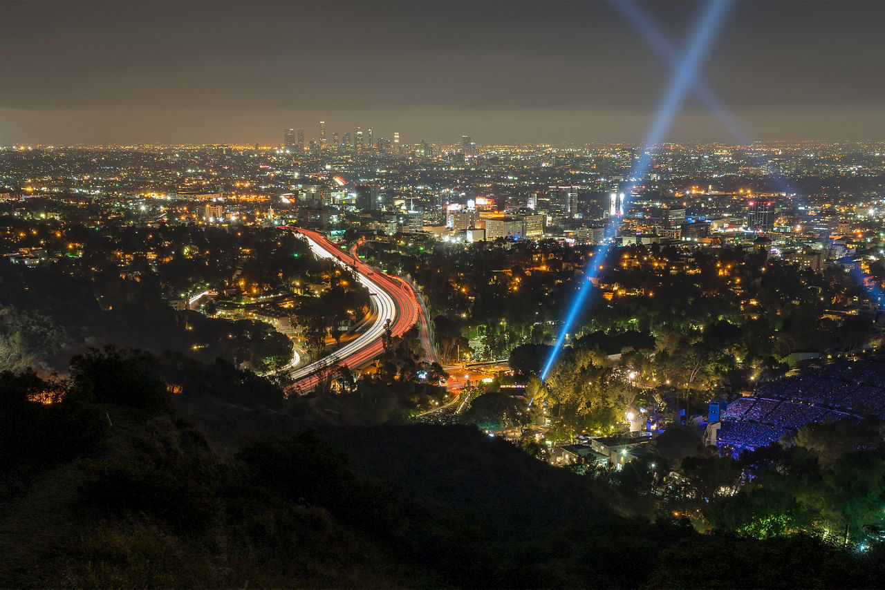 Aerial view of LA with lights at night. Los Angeles.