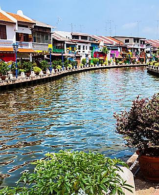 Historical part of the old malaysian town Malacca, Malaysia, with a river and colorful houses