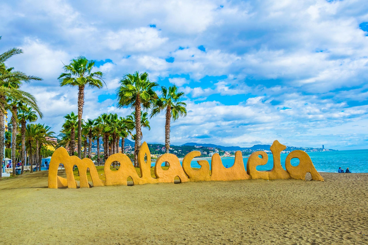 The Malagueta beach sign in Malaga, Spain