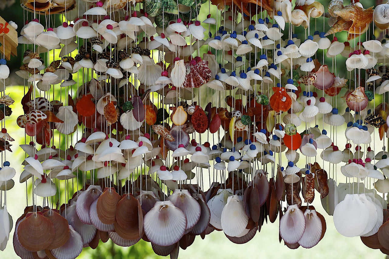 Hanging shell jewelry in a variety of color, for sale in Manzanillo, Mexico