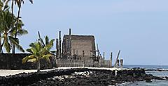 Hut with Tikis at Pu'uhonua O Honaunau National Historical Park (Place of Refuge) on the big island of Hawaii